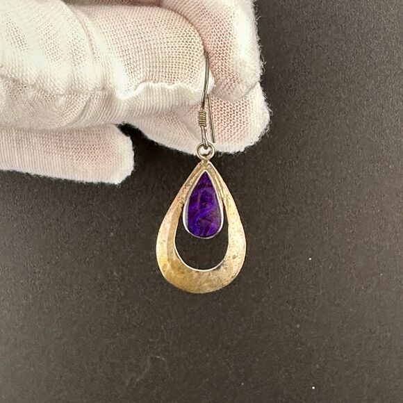 Vintage 925 Silver Purple Abalone Shell MOP in Resin Dangle Hook Earrings 1.75" - Picture 9 of 12